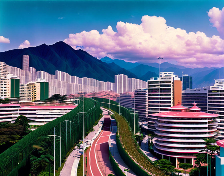 Curved overpass and towering buildings in cityscape with mountains and pink sky