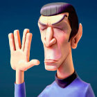 Male character in blue uniform with pointy ears doing Vulcan salute