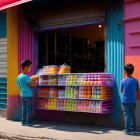 Animated children at colorful street kiosk in daylight