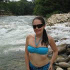 Woman in Blue Bikini by Rocky River in Forested Area