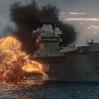 Explosive aircraft carrier scene with jets and helicopters in fiery ocean chaos