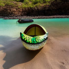 Colorful inflatable turtle float in shallow water with boats in background