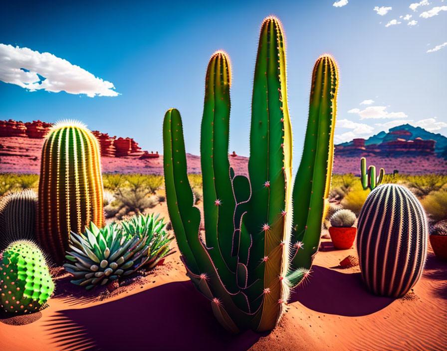 Cacti and red rock formations in desert landscape