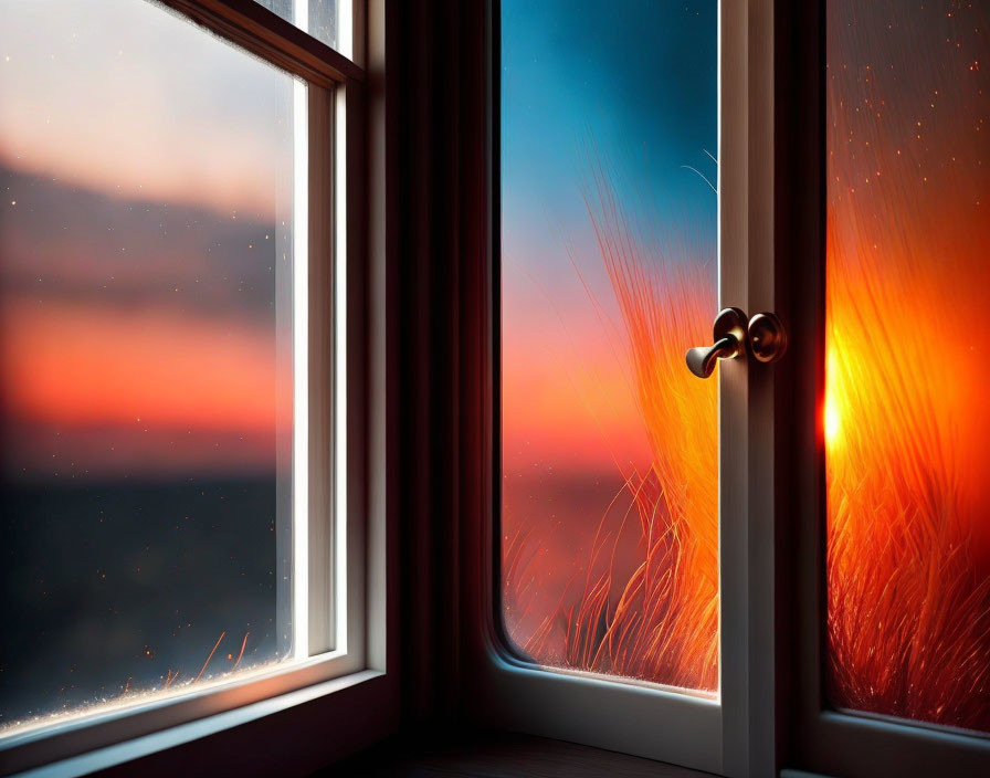 Vibrant sunset and fiery explosion seen through window