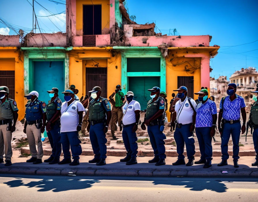 Uniformed Officers in Face Masks Standing by Colorful Buildings