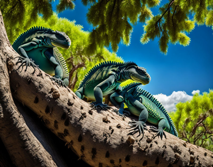 Three vibrant blue iguanas basking on a tree branch under a blue sky with fluffy clouds.