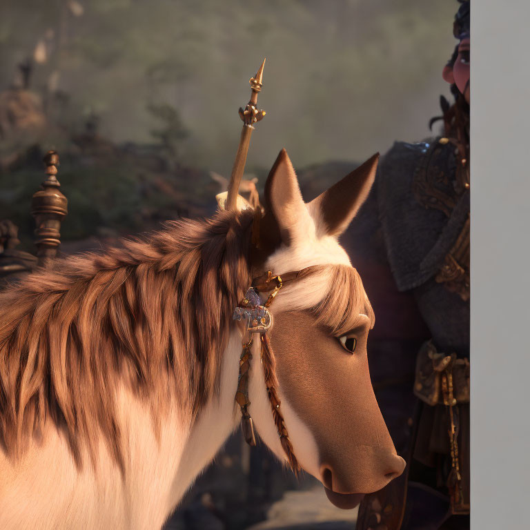 Close-Up of Animated Horse with Braided Mane and Gold Circlet Next to Figure in Armor