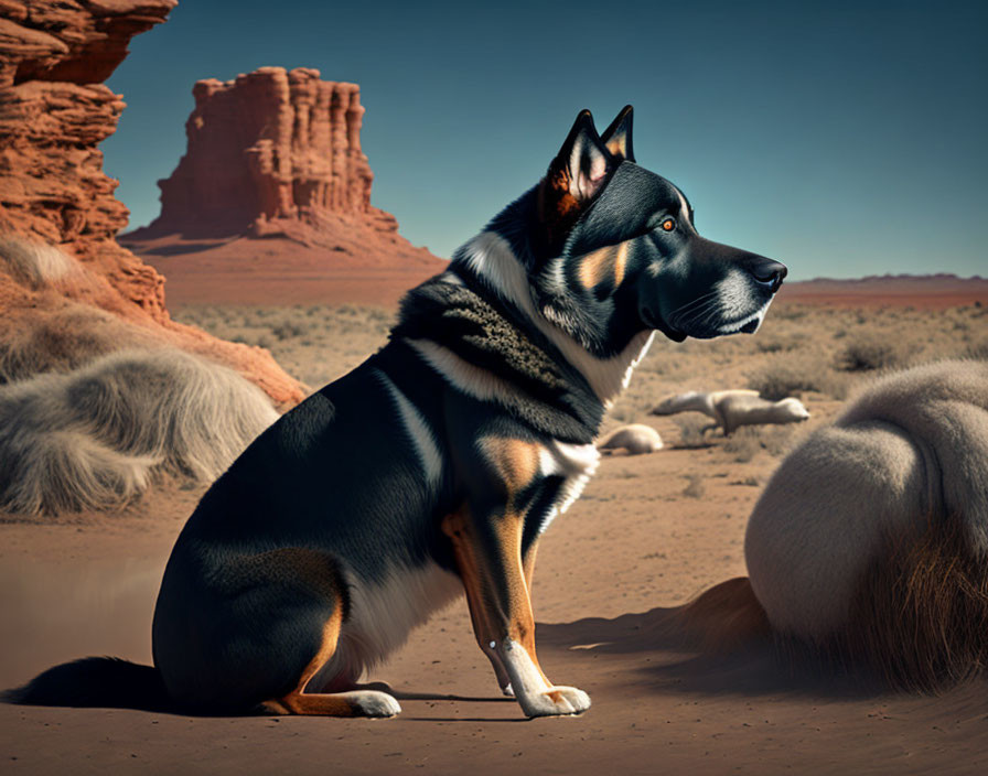 Black and Tan Dog Sitting in Desert Landscape with Red Rocks