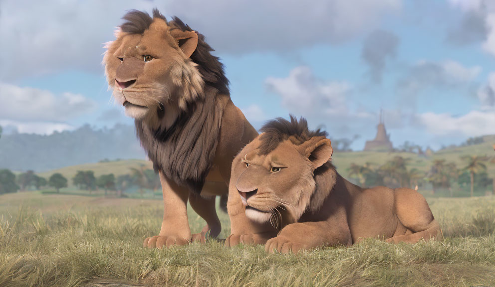 Realistic 3D animated lions in savannah scenery