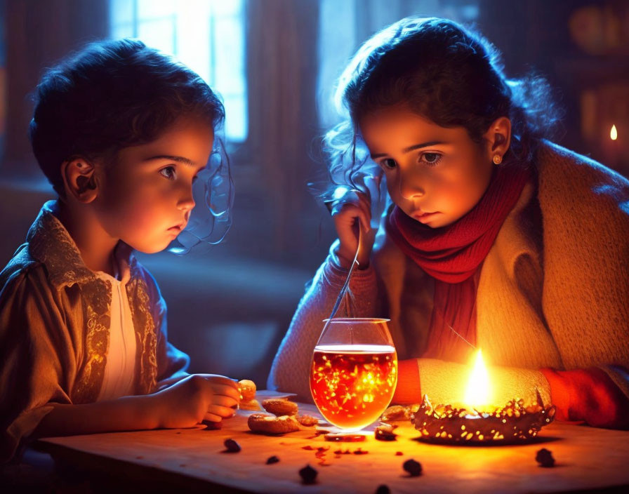 Children admiring glowing fishbowl in cozy, dimly lit room