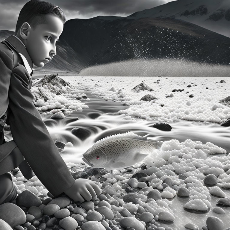 Monochrome surreal image of boy, fish, and mountains