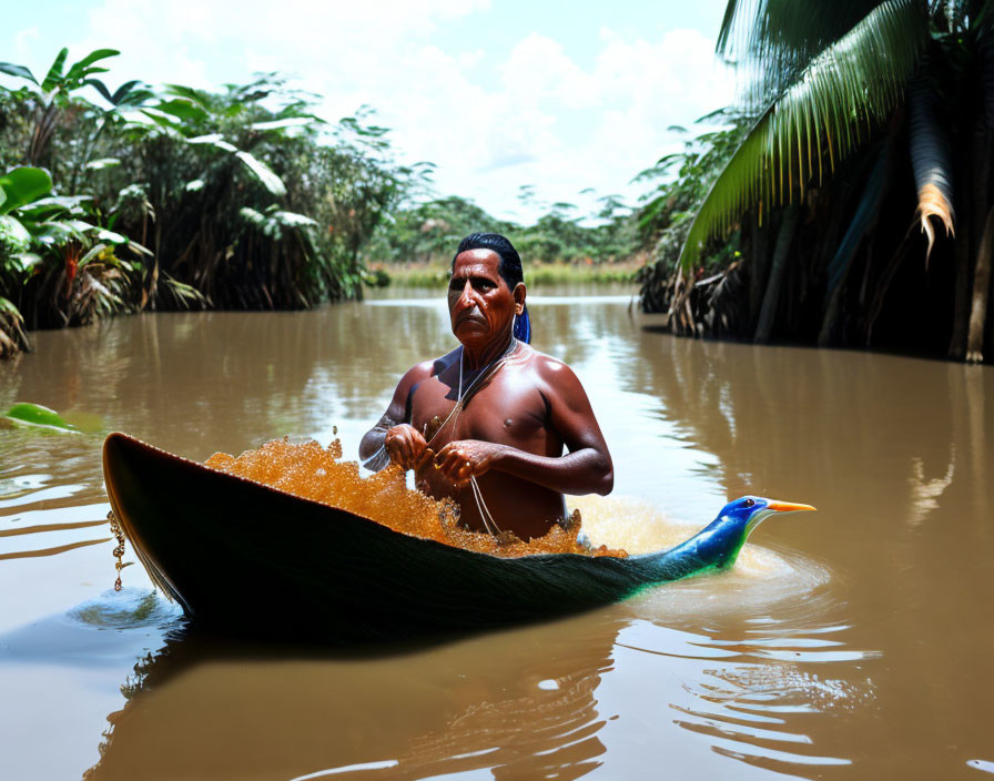 Shirtless man paddling canoe with peacock in lush river scene