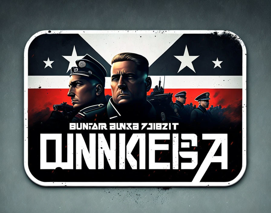 Military-themed graphic with two figures, red and black background, stars, and bold white non-English