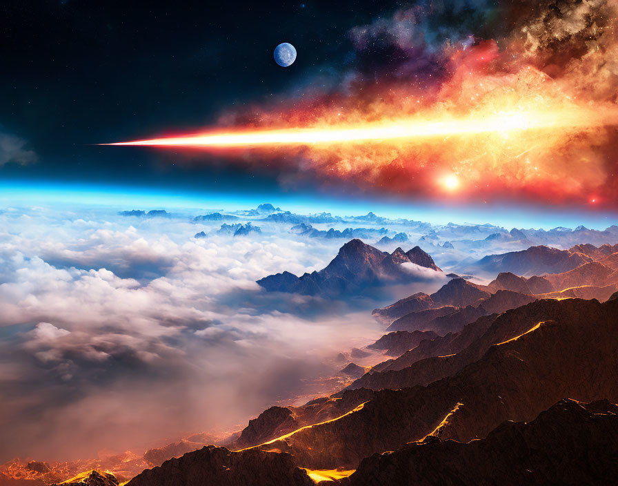 Composite Landscape: Mountains Above Clouds, Cosmic Sky with Stars, Nebula, Celestial Body