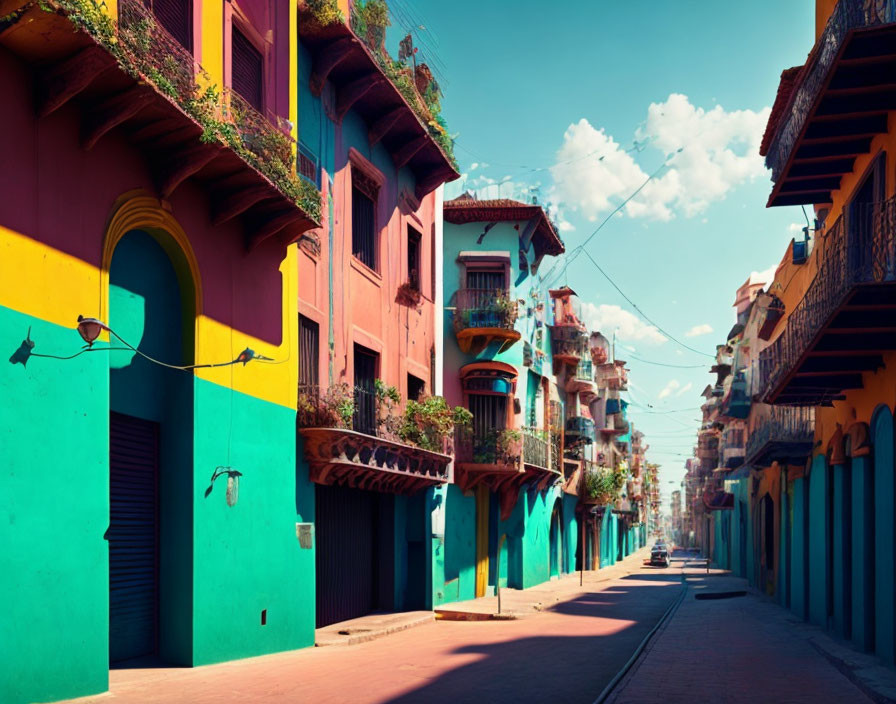 Vibrant blue, yellow, and pink buildings on colorful street