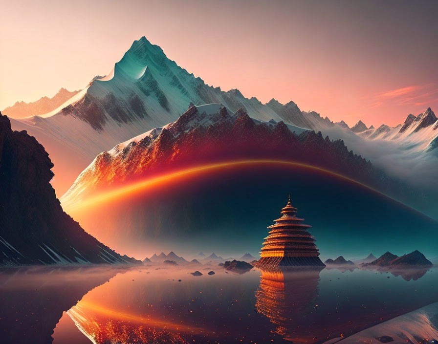 Mystical landscape with snow-capped peaks, tranquil lake, and glowing pagoda at sunset