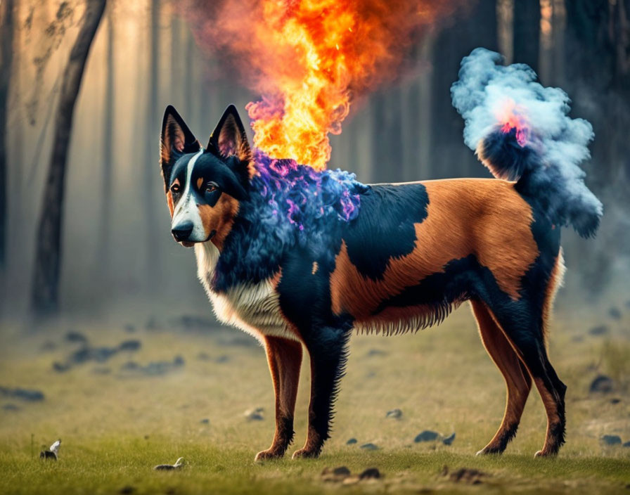 Multicolored Flames on Dog in Forest Clearing