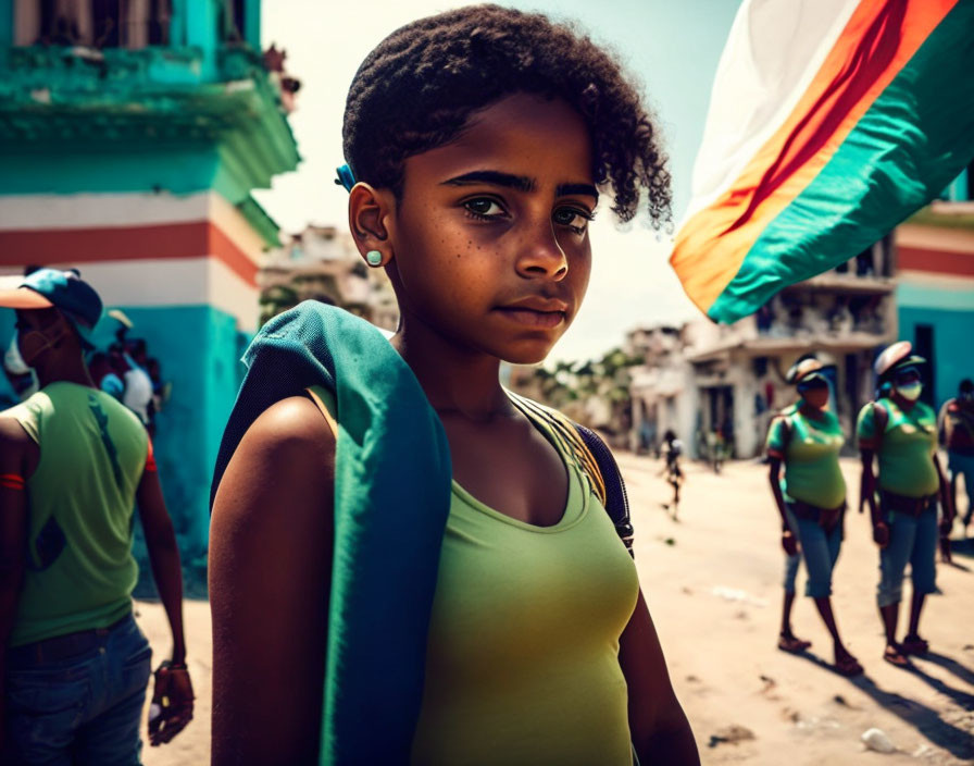 Young girl in blue cloth on sunny street with people and flag.