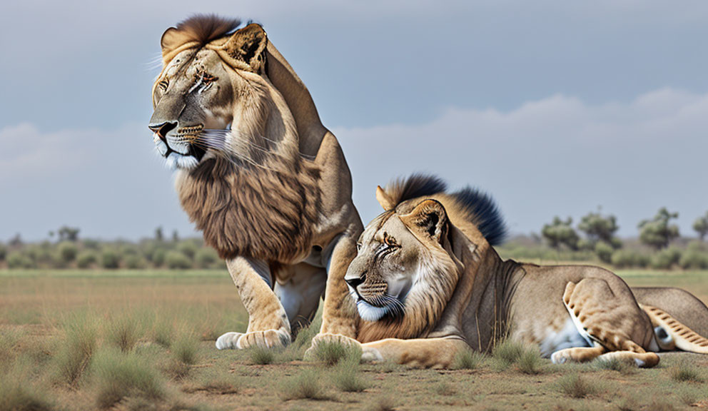 Majestic lions in grassy field - one standing, one lying down