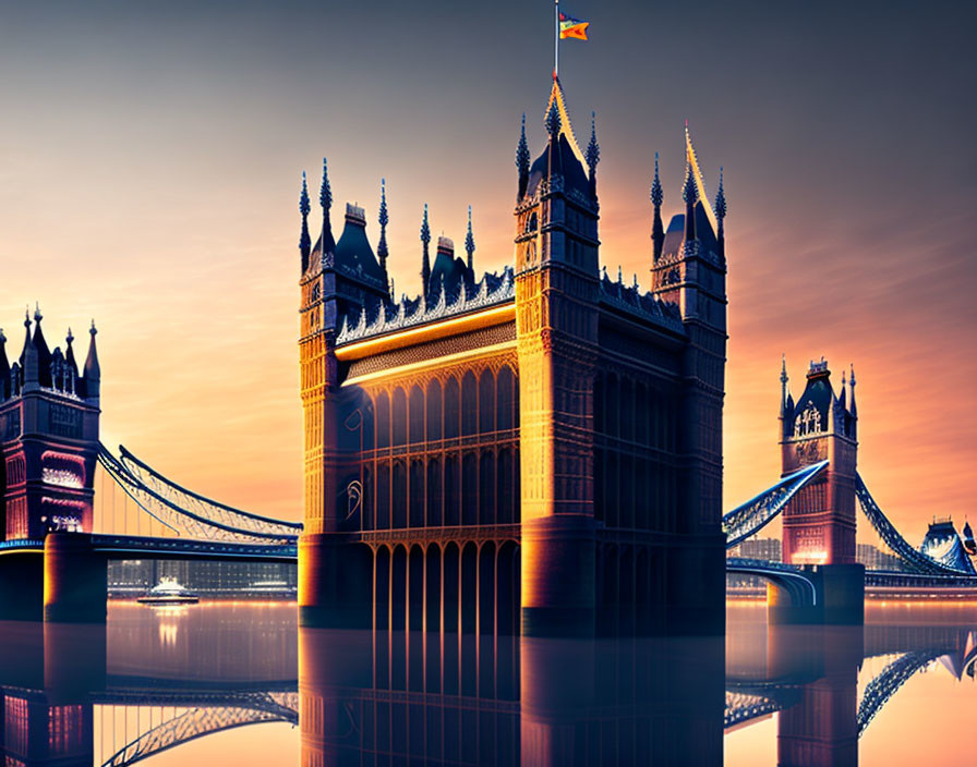 Iconic Tower Bridge at Sunset or Sunrise with Vibrant Orange and Blue Reflections