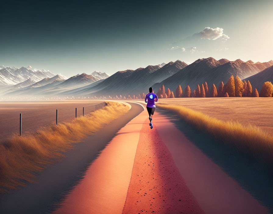 Person jogging on scenic road with golden fields and mountains in background