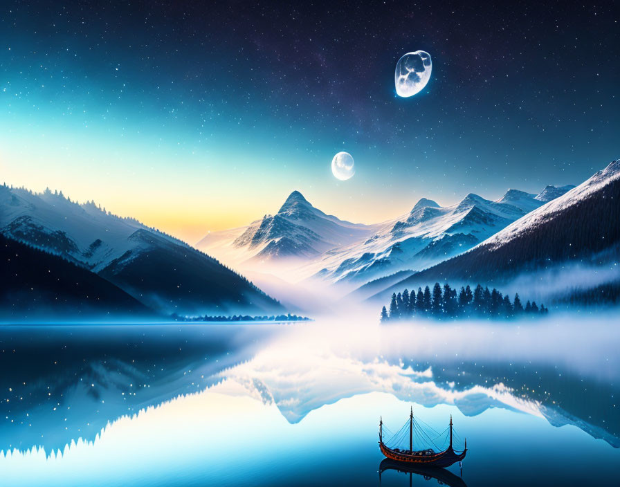 Snow-covered mountains, lake, boat, starry sky with two moons landscape