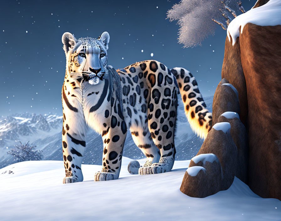 Snow leopard in snowy landscape with mountains at twilight