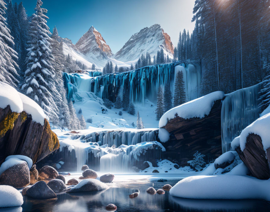 Snow-covered trees and frozen waterfall in serene winter landscape