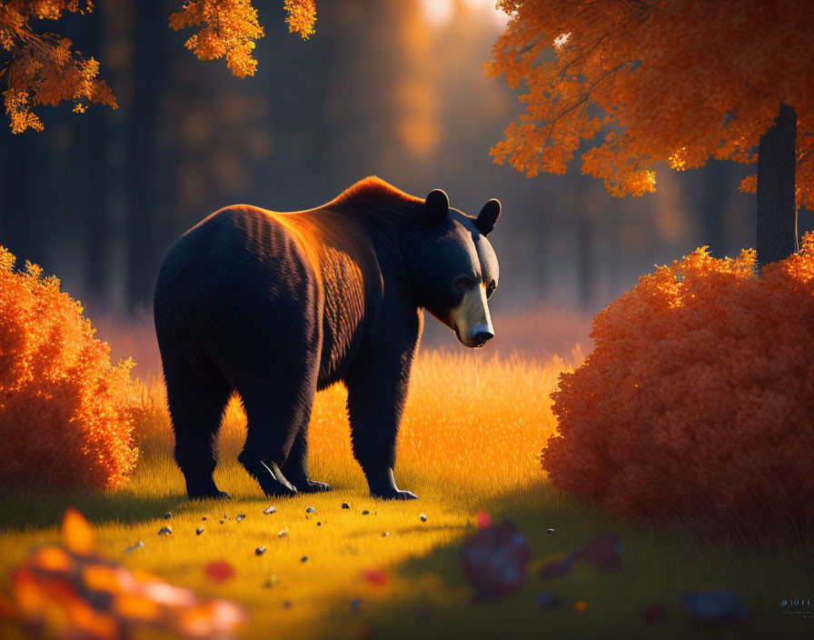 Bear in Vibrant Autumn Forest with Golden Foliage