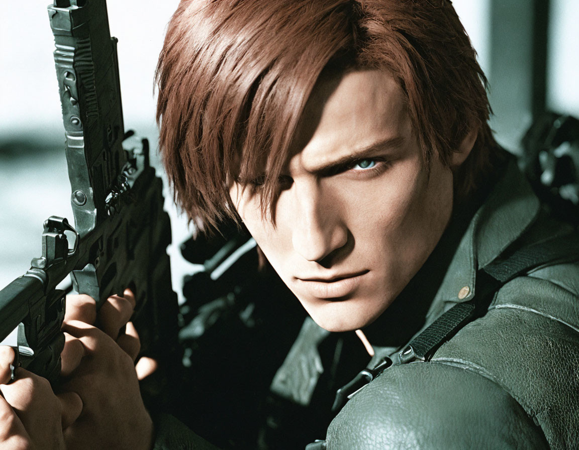 Male character 3D rendering with brown hair, aiming gun in green military jacket