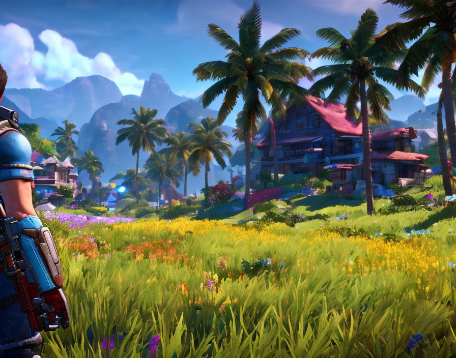 Vibrant field with flowers, palm trees, and futuristic structures under clear sky, featuring character in