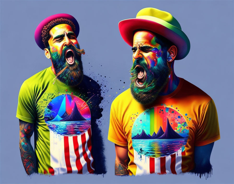 Colorful Bearded Men Yelling in Vibrant Clothes on Purple Background