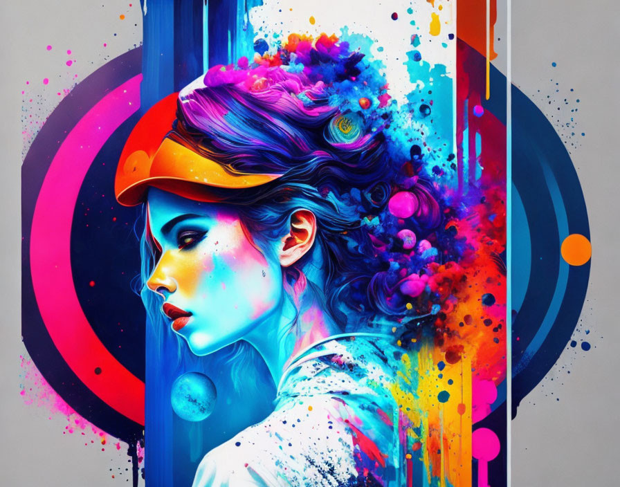 Colorful abstract portrait of a woman with flowing elements and geometric shapes