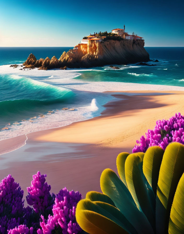 Coastal Scene with Purple Flowers, Beach, Waves, and Cliff-Top Building