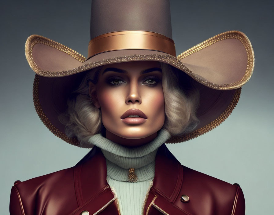 Exaggerated hat and bold makeup in stylized portrait