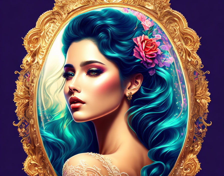 Digital artwork: Woman with vibrant blue hair and rose in ornate mirror frame on purple background