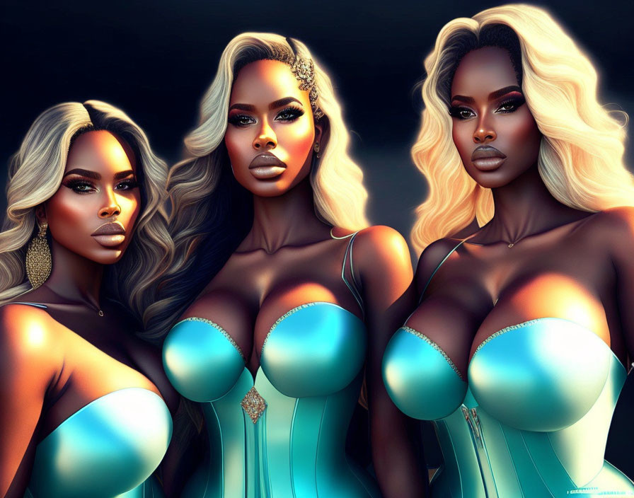 Stylized illustrations of confident women in blue dresses