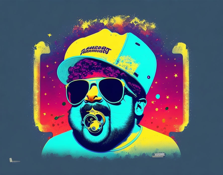 Colorful Space-Themed Illustration of Person with Cap, Sunglasses, and Pacifier