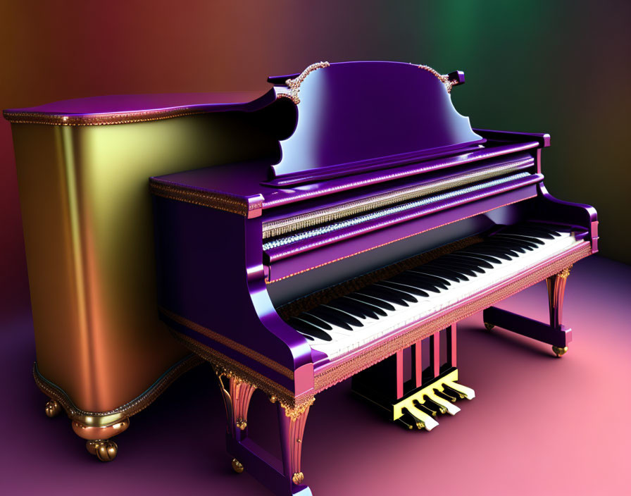 Vibrant purple, gold, and red grand piano on multicolored backdrop