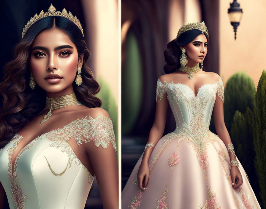 Elegant woman in off-shoulder gown with tiara in luxurious garden