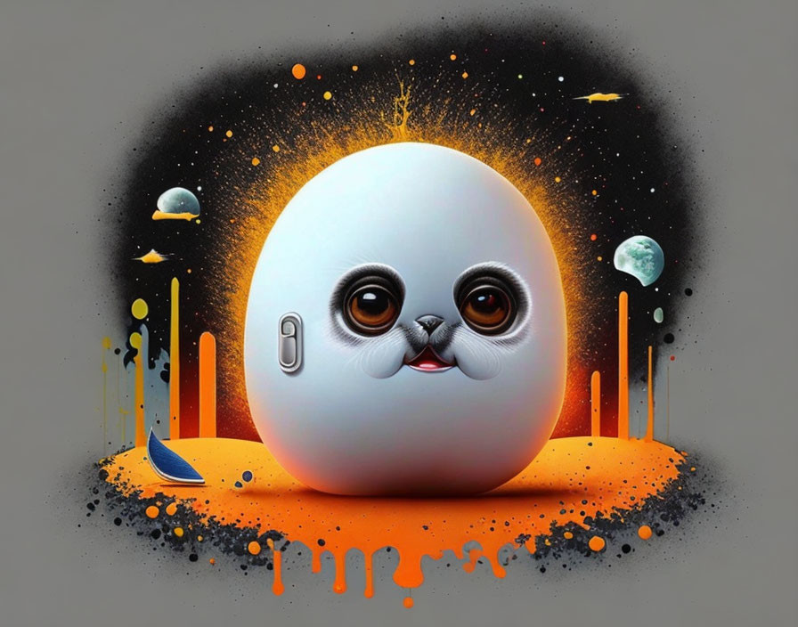 Surreal illustration of round creature with expressive eyes in cosmic setting