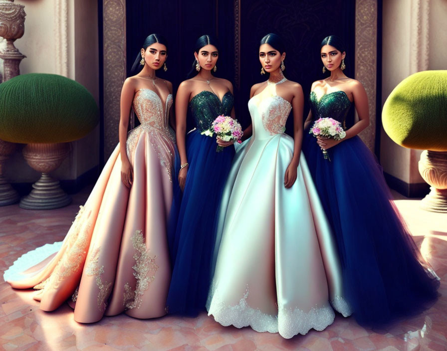 Four Women in Elegant Evening Gowns with Bouquets in Luxurious Setting