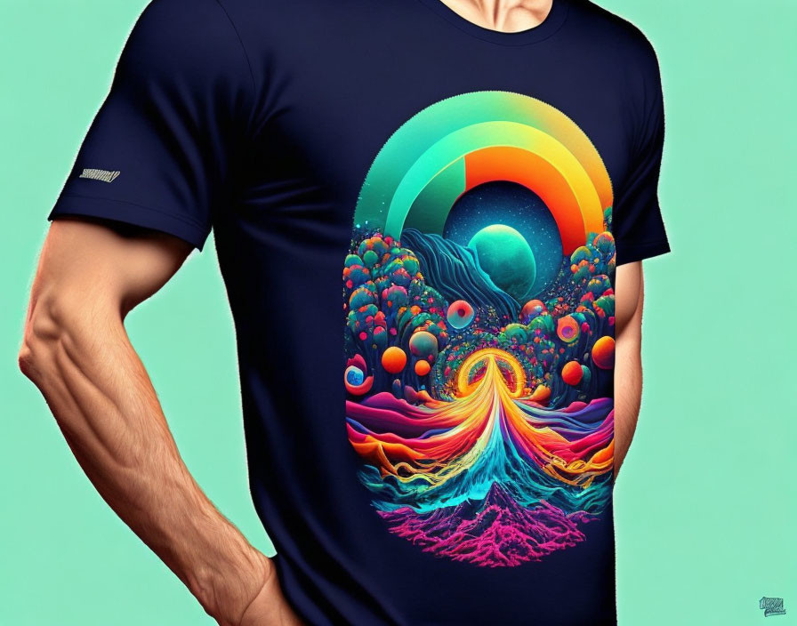 Man in Dark Blue T-Shirt with Vibrant Psychedelic Landscape Print