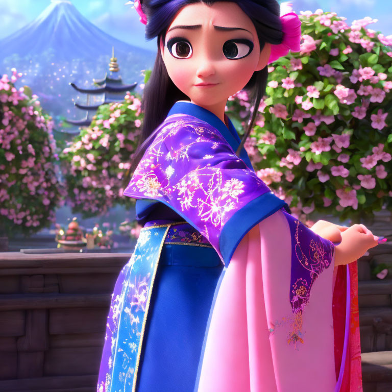 Vibrant traditional outfit on animated girl with mountain and temple backdrop