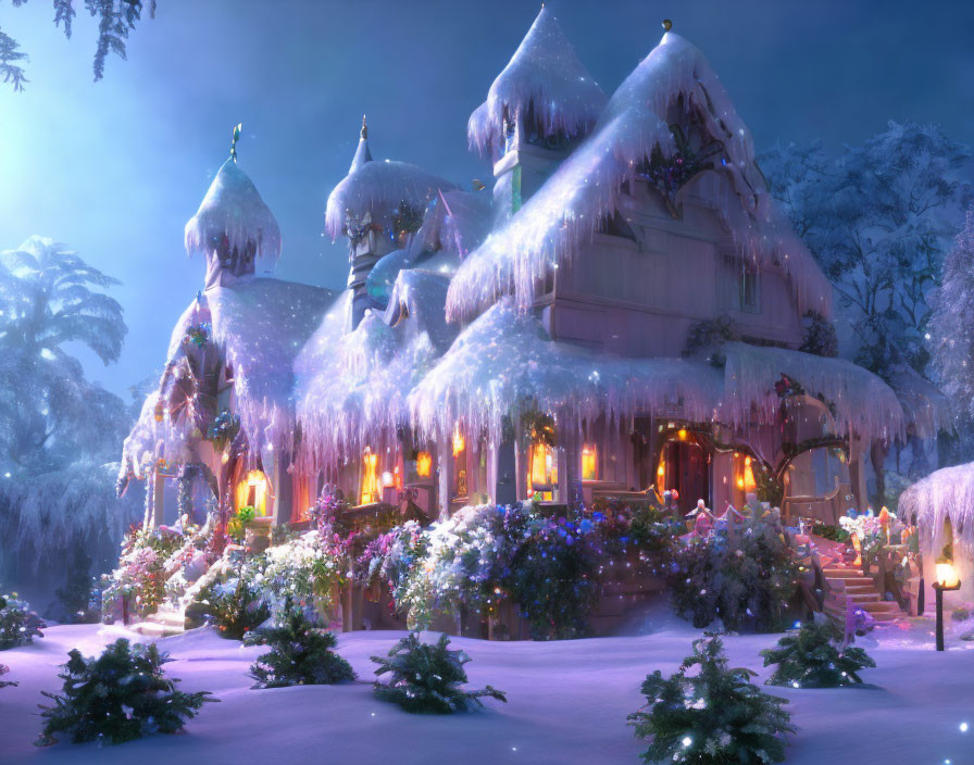 Snow-covered cottage with icicles in a winter landscape.