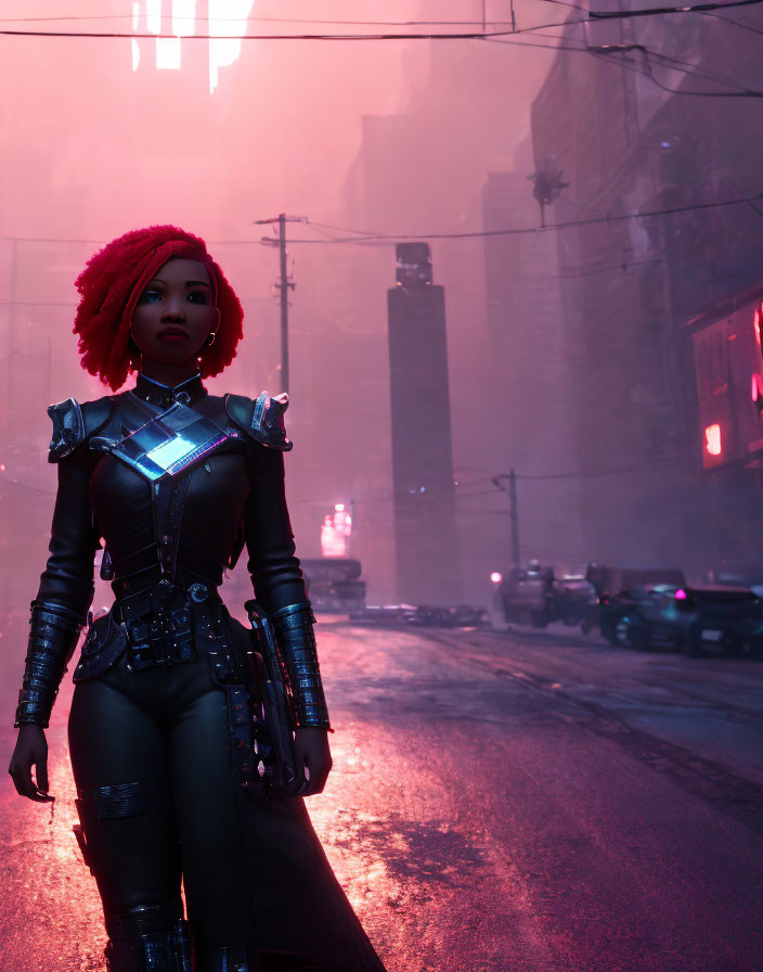 Red-haired woman in futuristic black armor on neon-lit city street - cyberpunk aesthetic