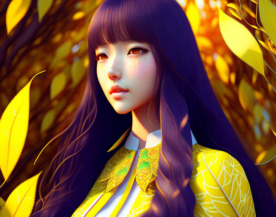 Digital illustration: Girl with long hair in autumn setting