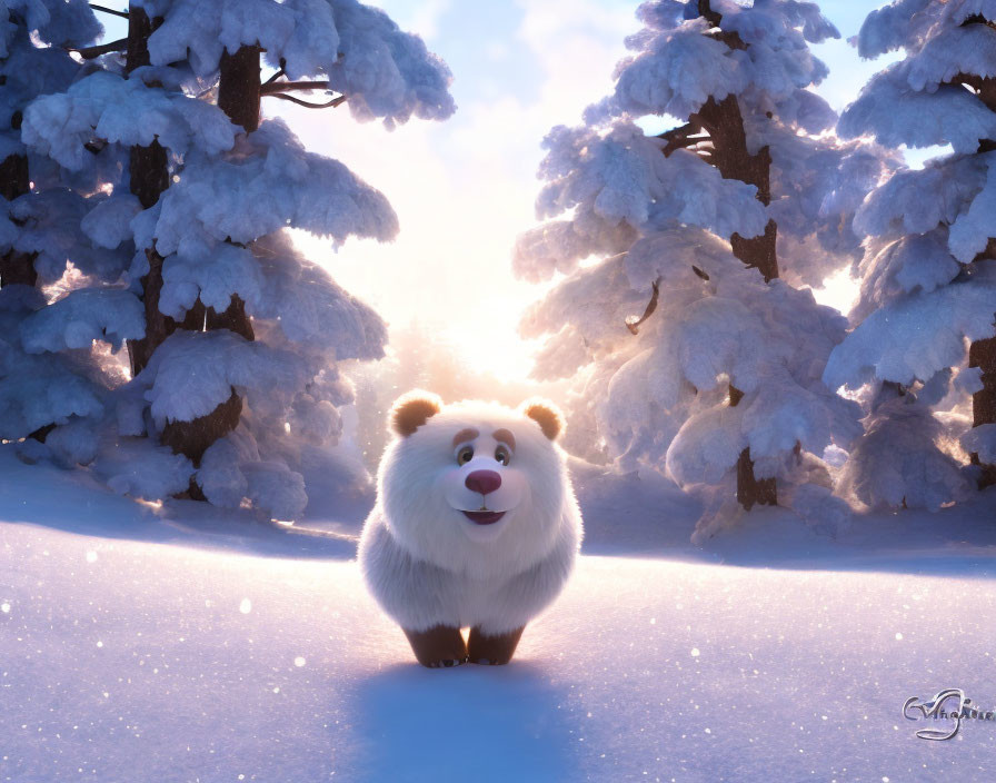 Animated bear in snowy forest with sunlight filtering through trees