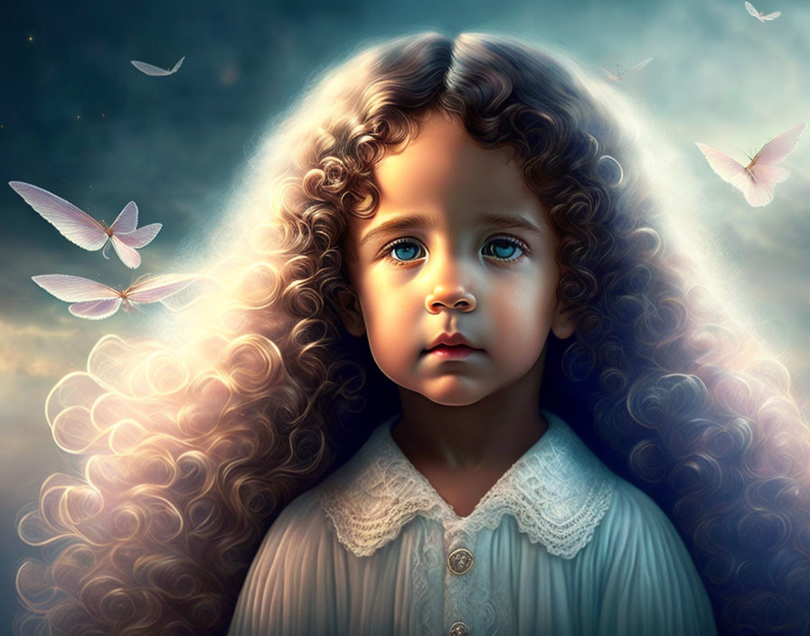 Child with Curly Hair in Vintage Dress Surrounded by Butterflies and Soft Light