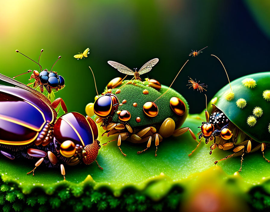 Vibrant stylized insects on leafy backdrop: whimsical fantasy bug scene